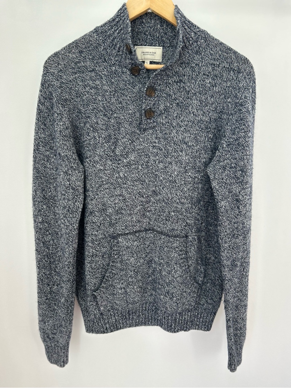 Frank & Oak Men’s Large Wool Blend Henley Sweater – Charcoal Gray Marled Knit